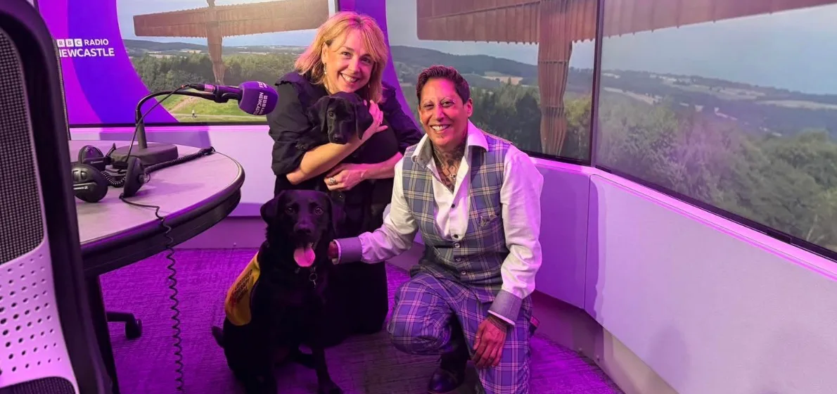Natasha Alderson-Pollock with Shadow and Akira during a further BBC Radio Newcastle studio visit.